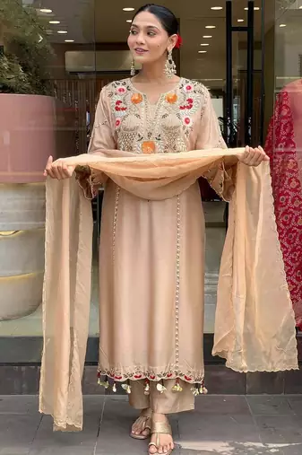 Elegant beige floral embroidered kurta palazzo set with dupatta for women