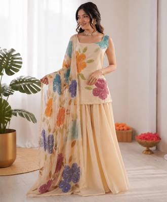 cream organza silk blend sequence work plazzo suit 2