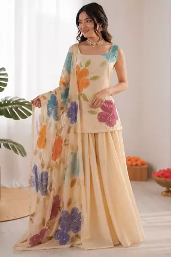 cream organza silk blend sequence work plazzo suit