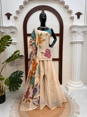cream organza silk blend sequence work plazzo suit 3