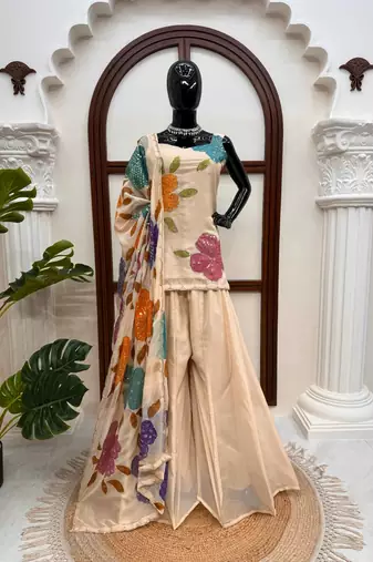 cream organza silk blend sequence work plazzo suit