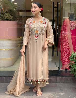 Elegant beige floral embroidered kurta palazzo set with dupatta for women 2