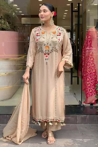 Elegant beige floral embroidered kurta palazzo set with dupatta for women