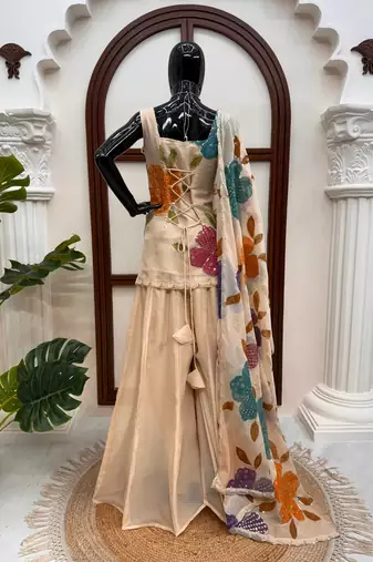 cream organza silk blend sequence work plazzo suit