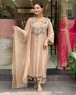 Elegant beige floral embroidered kurta palazzo set with dupatta for women 3