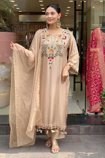 Elegant beige floral embroidered kurta palazzo set with dupatta for women