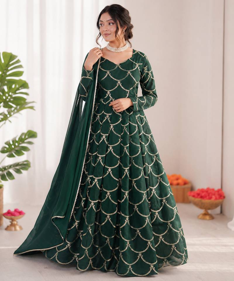 green  silk blend thread with sequence anarkali suit
