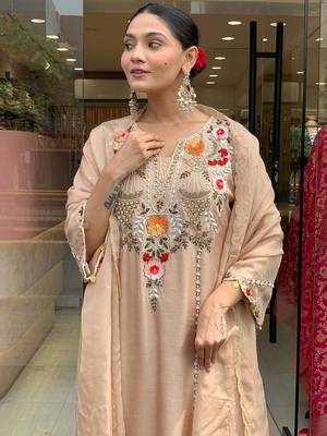 Elegant beige floral embroidered kurta palazzo set with dupatta for women 4