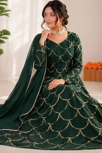 green  silk blend thread with sequence anarkali suit