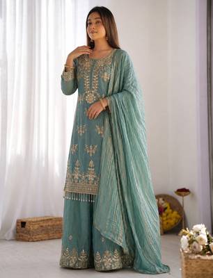 sky blue  silk blend embroidered designer sharara suit 1