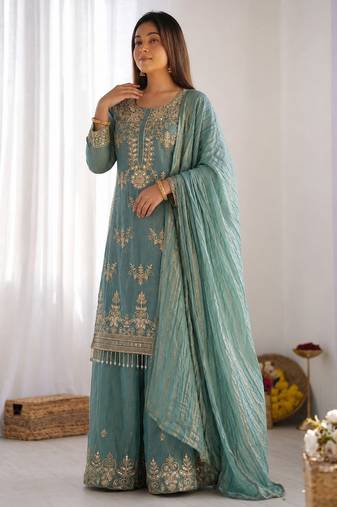 sky blue  silk blend embroidered designer sharara suit