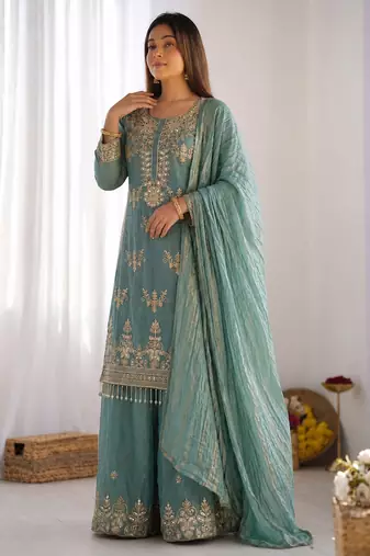 sky blue  silk blend embroidered designer sharara suit