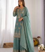 sky blue  silk blend embroidered designer sharara suit