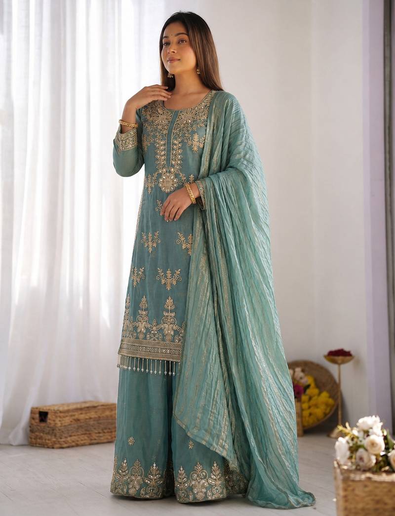sky blue  silk blend embroidered designer sharara suit