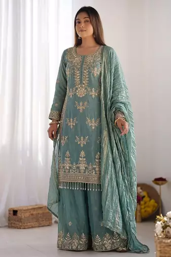 sky blue  silk blend embroidered designer sharara suit