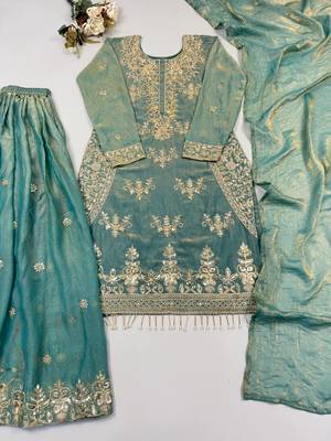 sky blue  silk blend embroidered designer sharara suit 3