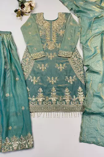 sky blue  silk blend embroidered designer sharara suit