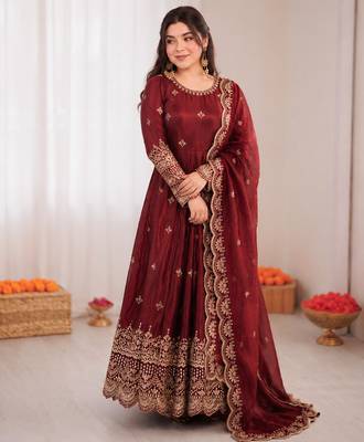 maroon  silk blend embroidered with sequence anarkali suit 1