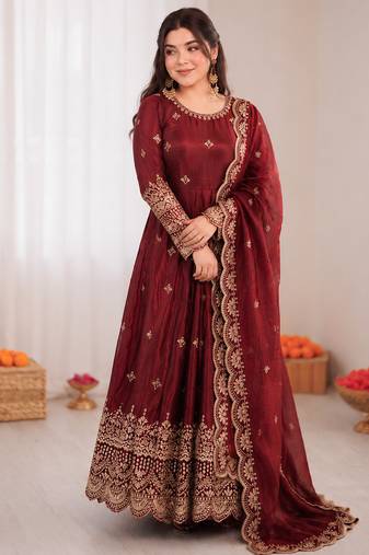 maroon  silk blend embroidered with sequence anarkali suit