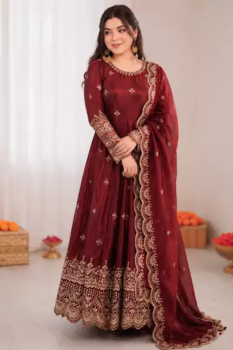 maroon  silk blend embroidered with sequence anarkali suit