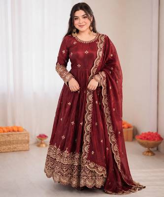 maroon  silk blend embroidered with sequence anarkali suit 2