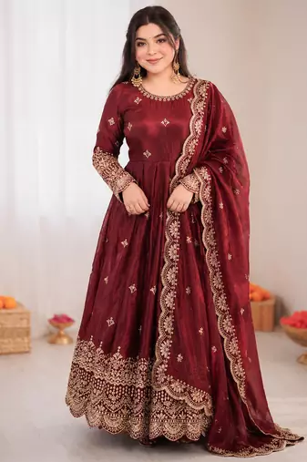 maroon  silk blend embroidered with sequence anarkali suit