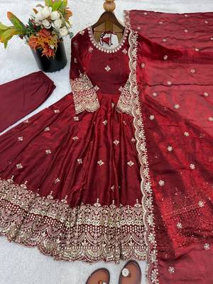 maroon  silk blend embroidered with sequence anarkali suit 3