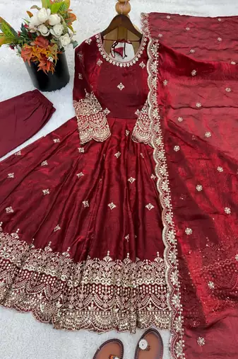 maroon  silk blend embroidered with sequence anarkali suit