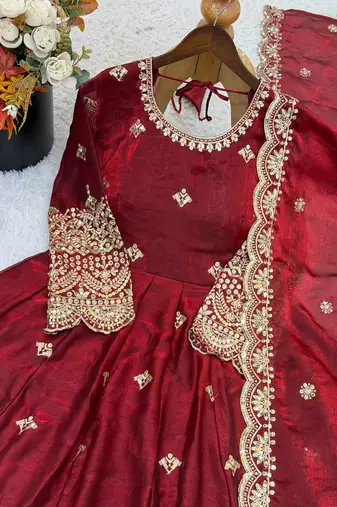 maroon  silk blend embroidered with sequence anarkali suit