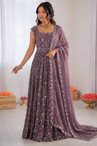 purple  silk blend embroidered with sequence anarkali suit