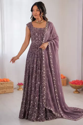 purple  silk blend embroidered with sequence anarkali suit