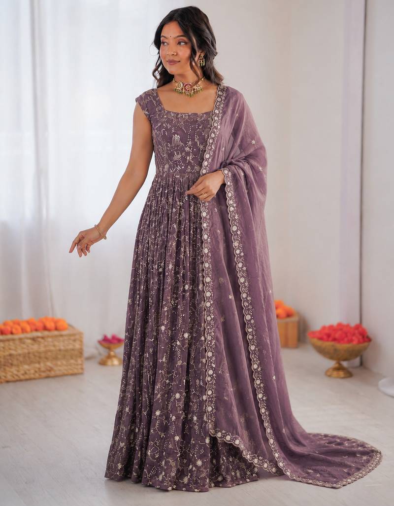 purple  silk blend embroidered with sequence anarkali suit