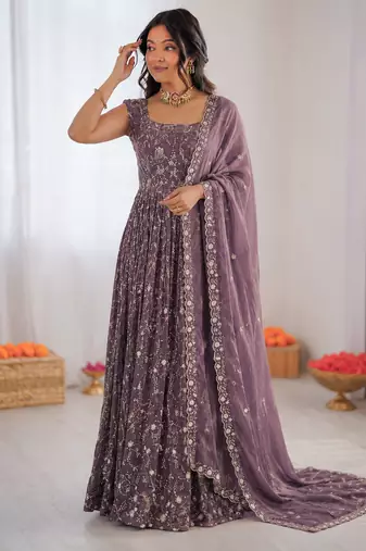 purple  silk blend embroidered with sequence anarkali suit