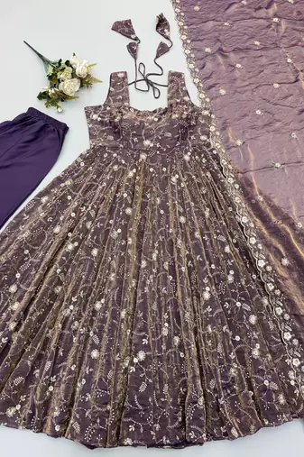 purple  silk blend embroidered with sequence anarkali suit