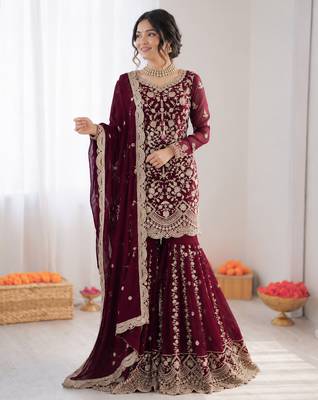 maroon gerogette thread with sequence sharara suit 1