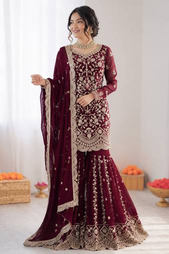 maroon gerogette thread with sequence sharara suit