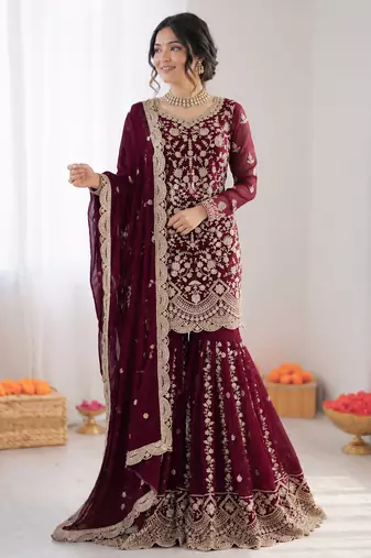 maroon gerogette thread with sequence sharara suit