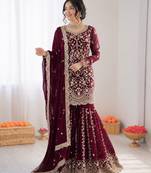 maroon gerogette thread with sequence sharara suit