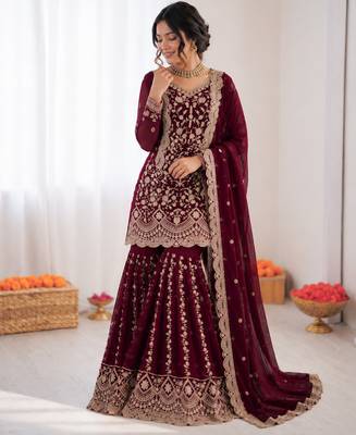 maroon gerogette thread with sequence sharara suit 2