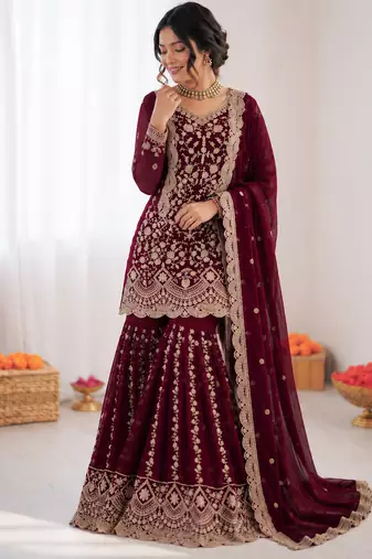 maroon gerogette thread with sequence sharara suit