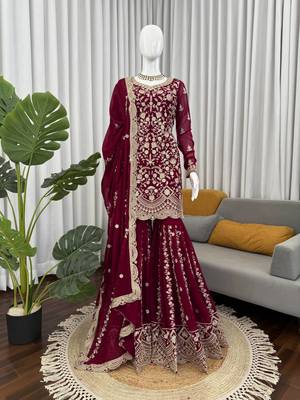 maroon gerogette thread with sequence sharara suit 3