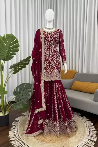 maroon gerogette thread with sequence sharara suit