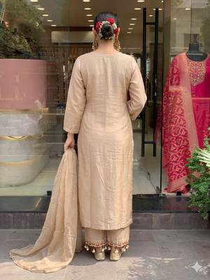 Elegant beige floral embroidered kurta palazzo set with dupatta for women 5