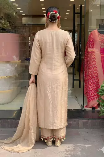 Elegant beige floral embroidered kurta palazzo set with dupatta for women