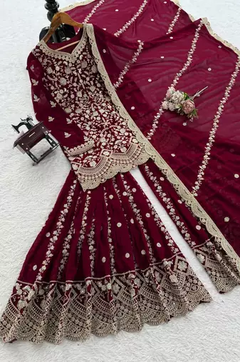 maroon gerogette thread with sequence sharara suit