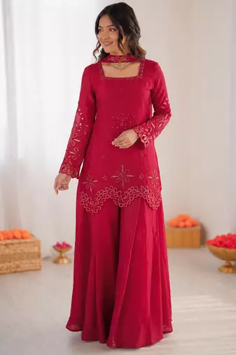 pink  silk blend thread with sequence plazzo suit