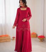 pink  silk blend thread with sequence plazzo suit