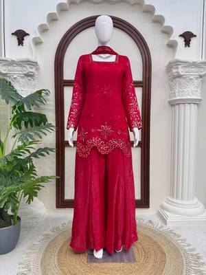 pink  silk blend thread with sequence plazzo suit 3