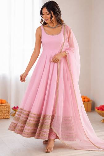baby pink crep coding dori with moti work anarkali suit