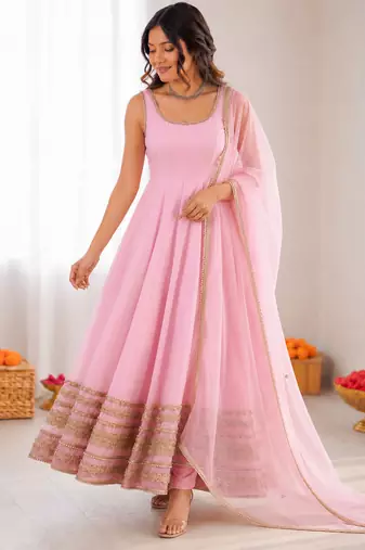 baby pink crep coding dori with moti work anarkali suit